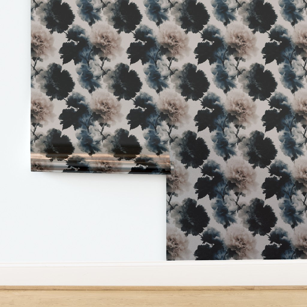 Metallic Modern Peonies wallpaper in Noir, showing the luminous pearlescent finish and subtle reflection.