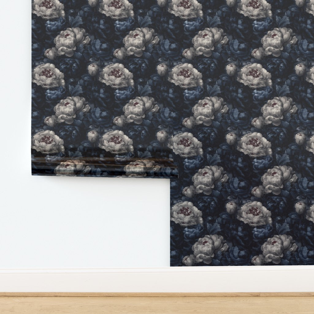 Luminous metallic finish Indigo Bloom Ballad wallpaper displayed on a powder room accent wall