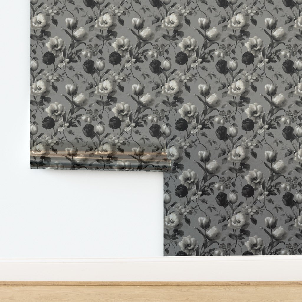 Luminous metallic finish sample of the Tulip Noir Botanical Wallpaper