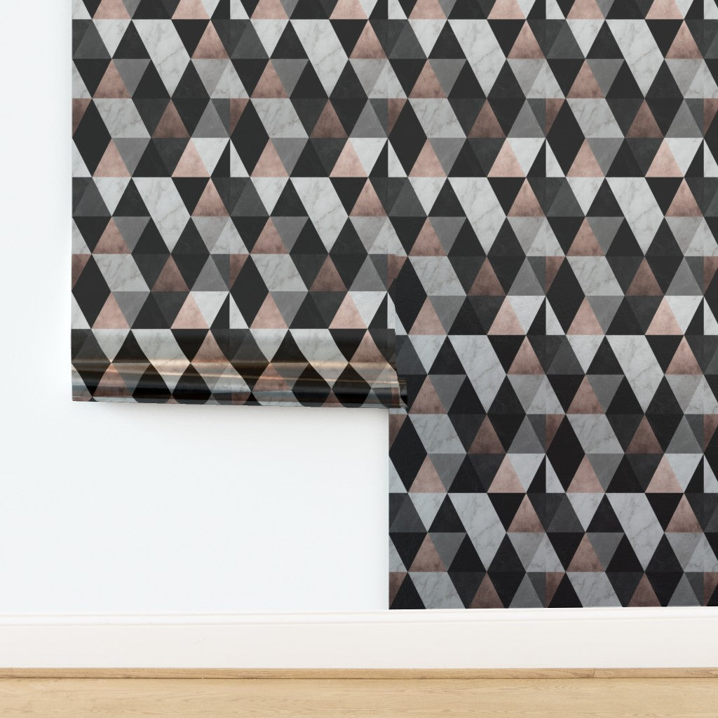 Rose Noir triangular marble mosaic wallpaper in metallic finish, displaying subtle pearlescent sheen.