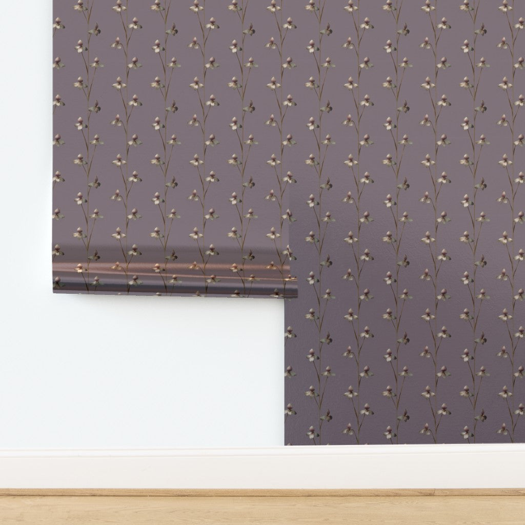 Twilight Bloom orchid wallpaper with a luminous, reflective pearlescent metallic finish.