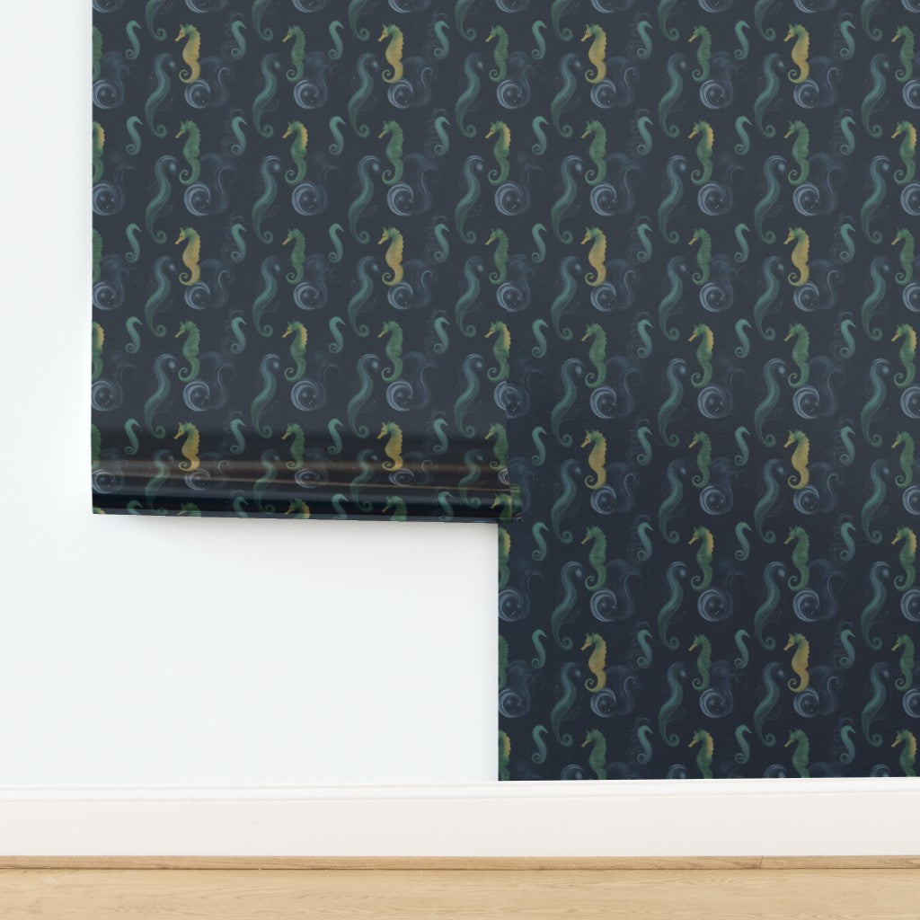 Luminous metallic finish of the Sea Horse wallpaper showing subtle light-reflecting sheen.