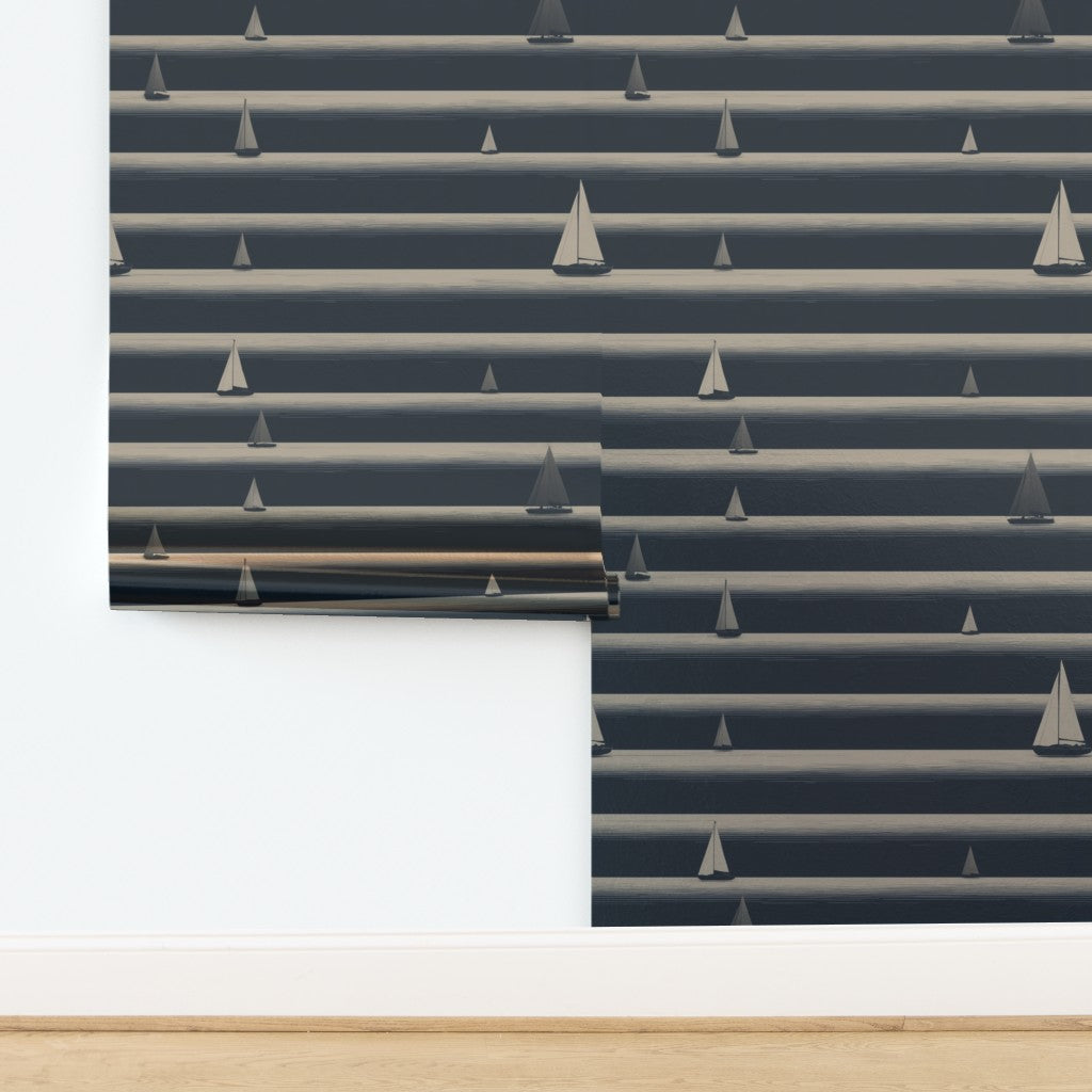 Luminous metallic sailboat wallpaper showing the pearlescent finish.