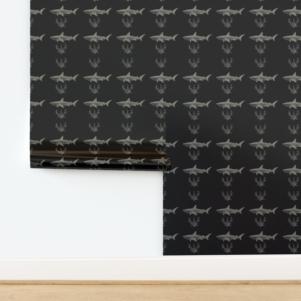 Luminous metallic finish on the dark colorway of the Solo Swimmer shark wallpaper.