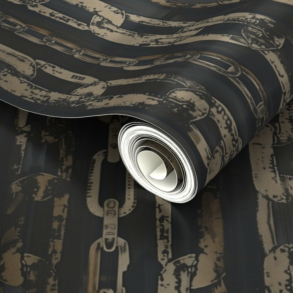 Angled view of the metallic Patina Chains wallpaper sample highlighting the luxurious pearlescent finish.