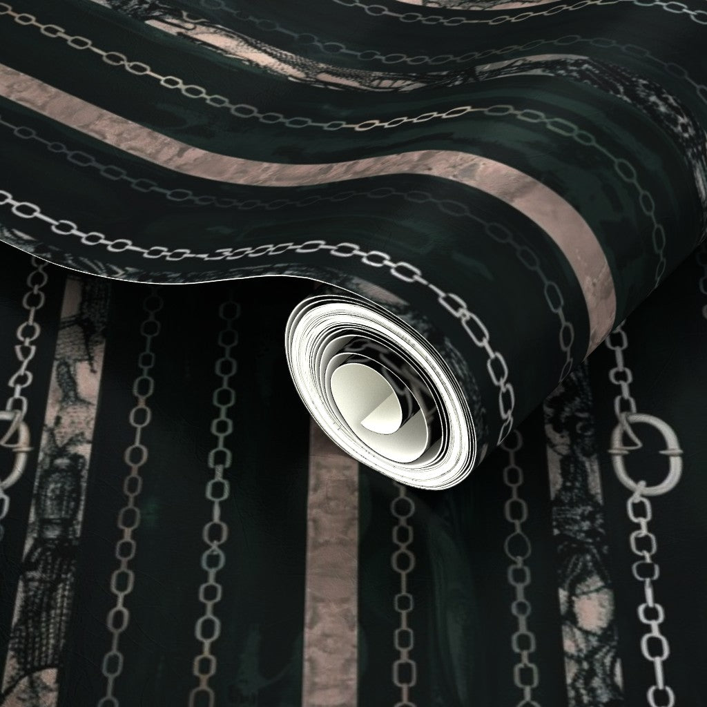 Luminous metallic paper detail of the ornate, Parisian-inspired Couture Chains wallpaper pattern.
