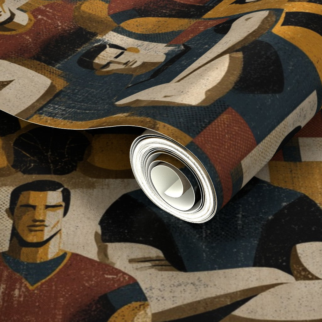 Pearlescent finish on the athletic grid wallpaper capturing light on its metallic surface.