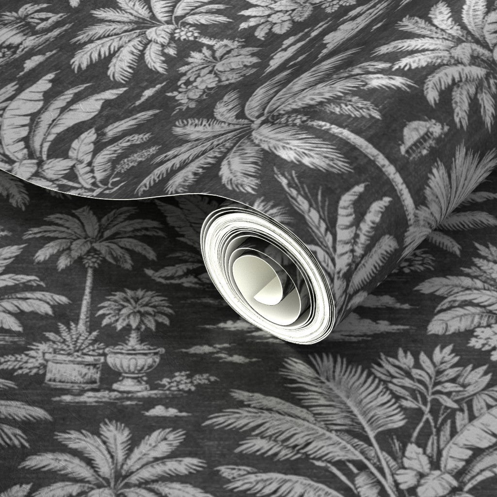 Close-up of pearlescent finish on Palmy Weather Charcoal metallic wallpaper.