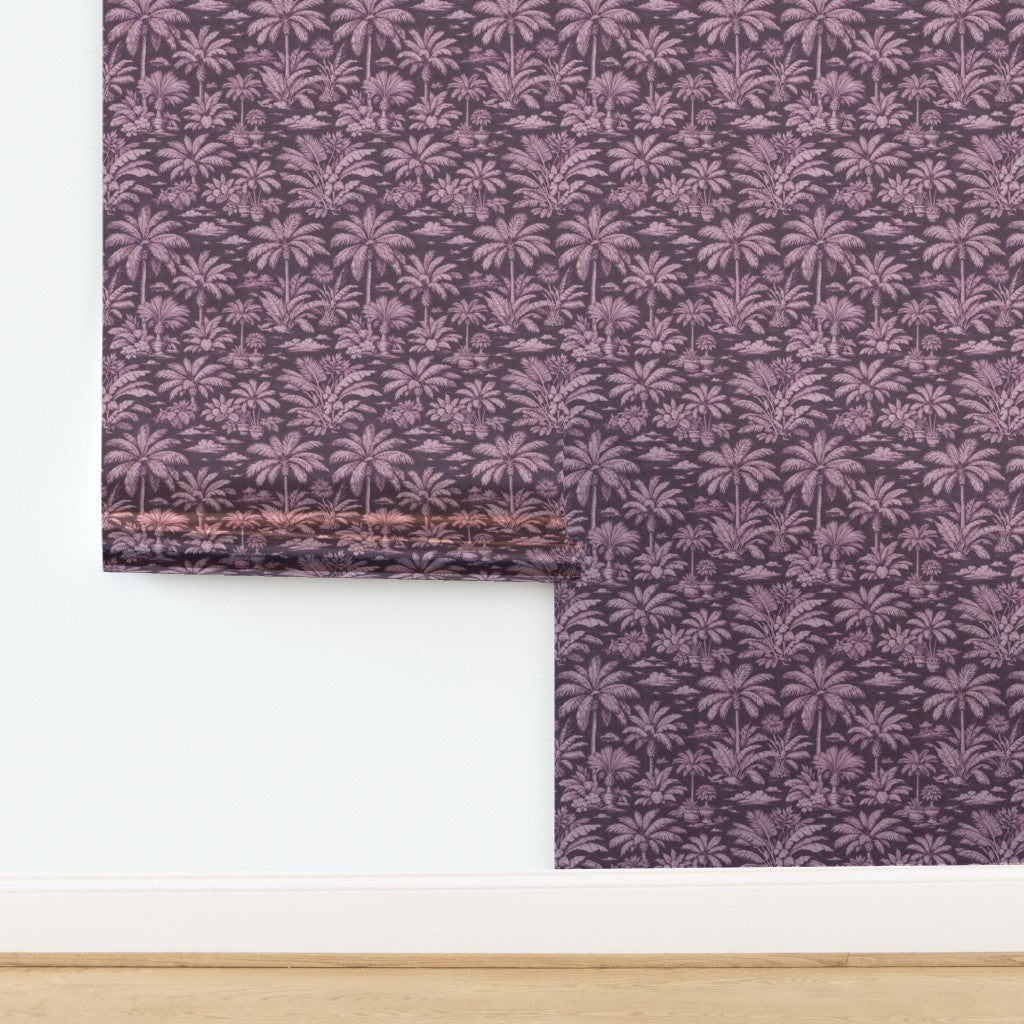Reflective sheen on Palmy Weather Pink metallic wallpaper.