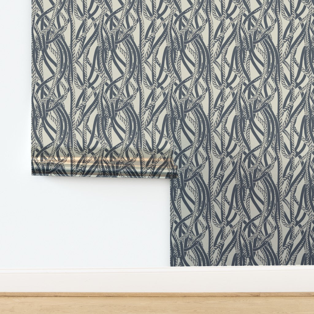 Dockline nautical wallpaper in weathered navy with a subtle metallic sheen, captured at an angle
