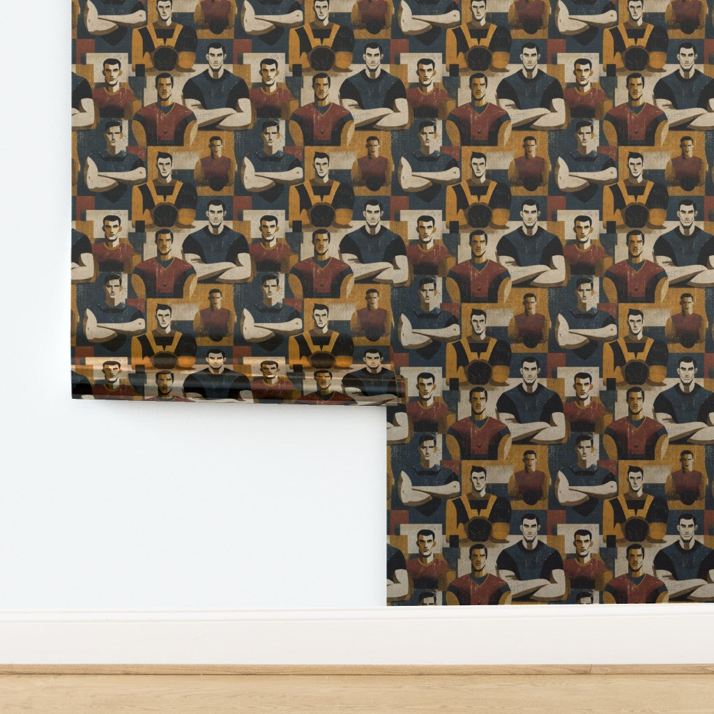 Luminous metallic wallpaper roll showing the structured vintage sports design.