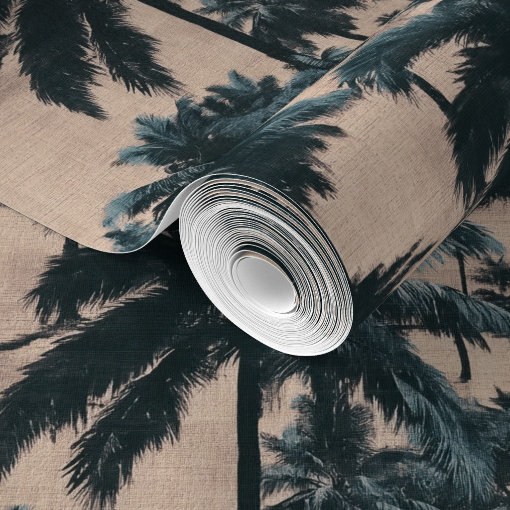 Close-up detail of the non-pasted matte finish wallpaper showing the painterly palm design.