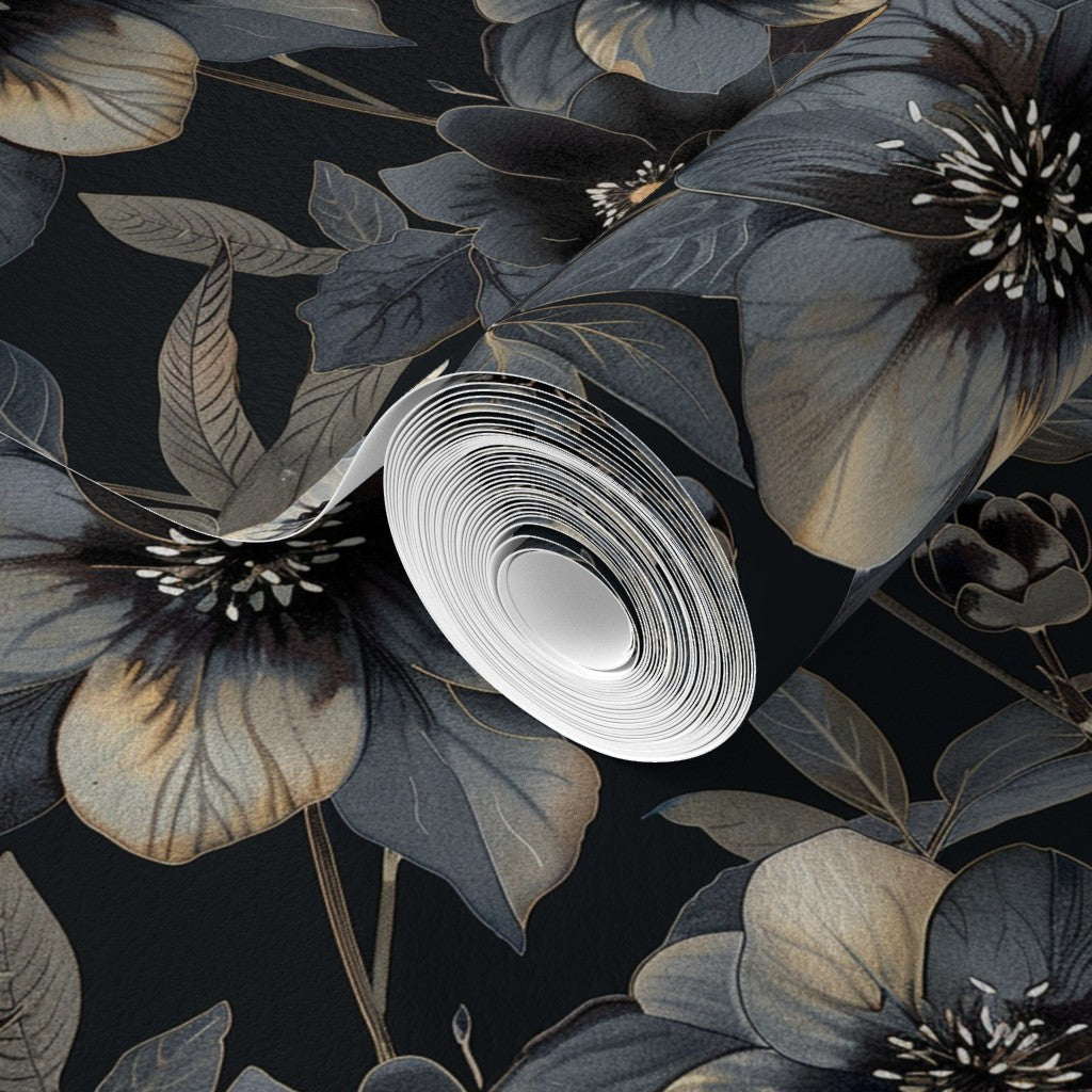 Nocturne Bloom Botanicals traditional non-pasted wallpaper detail showcasing the matte color depth.