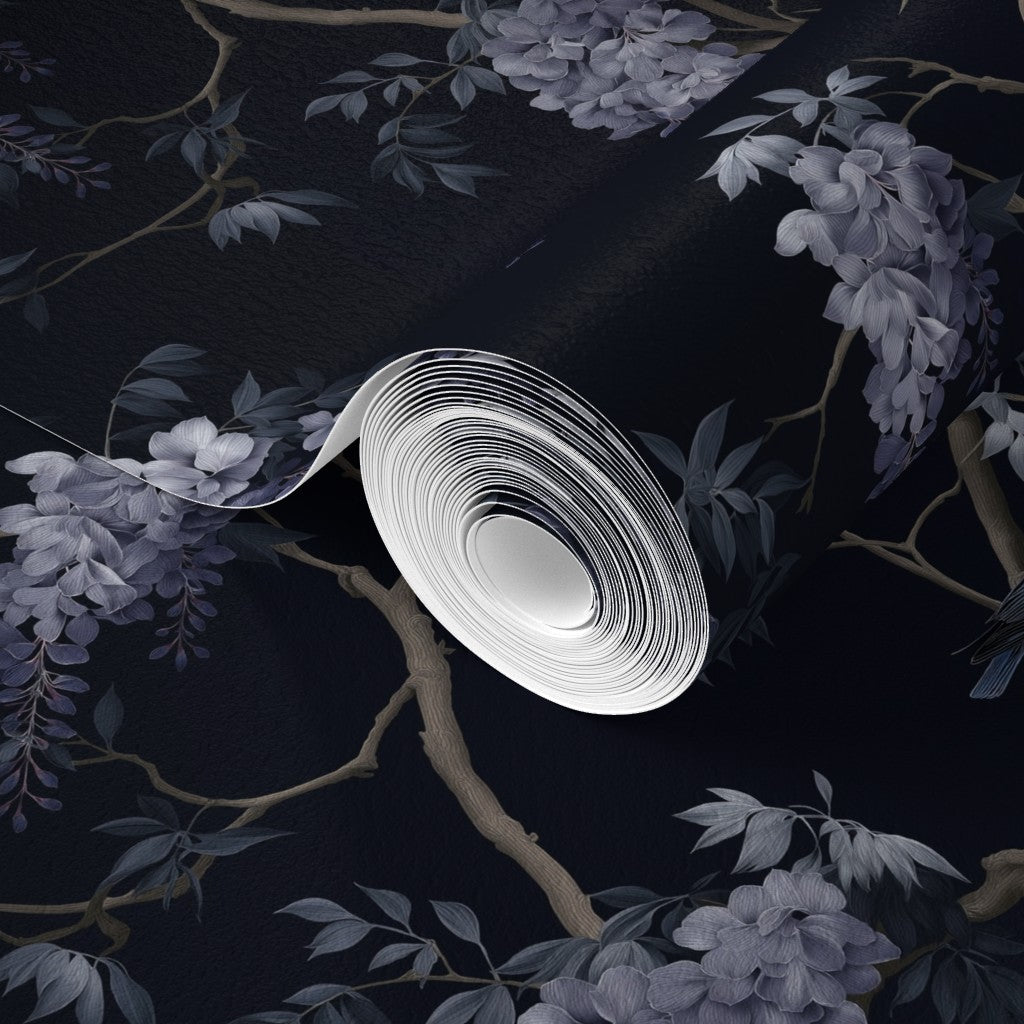 Close-up of the premium matte finish on the non-pasted floral and bird wallpaper substrate