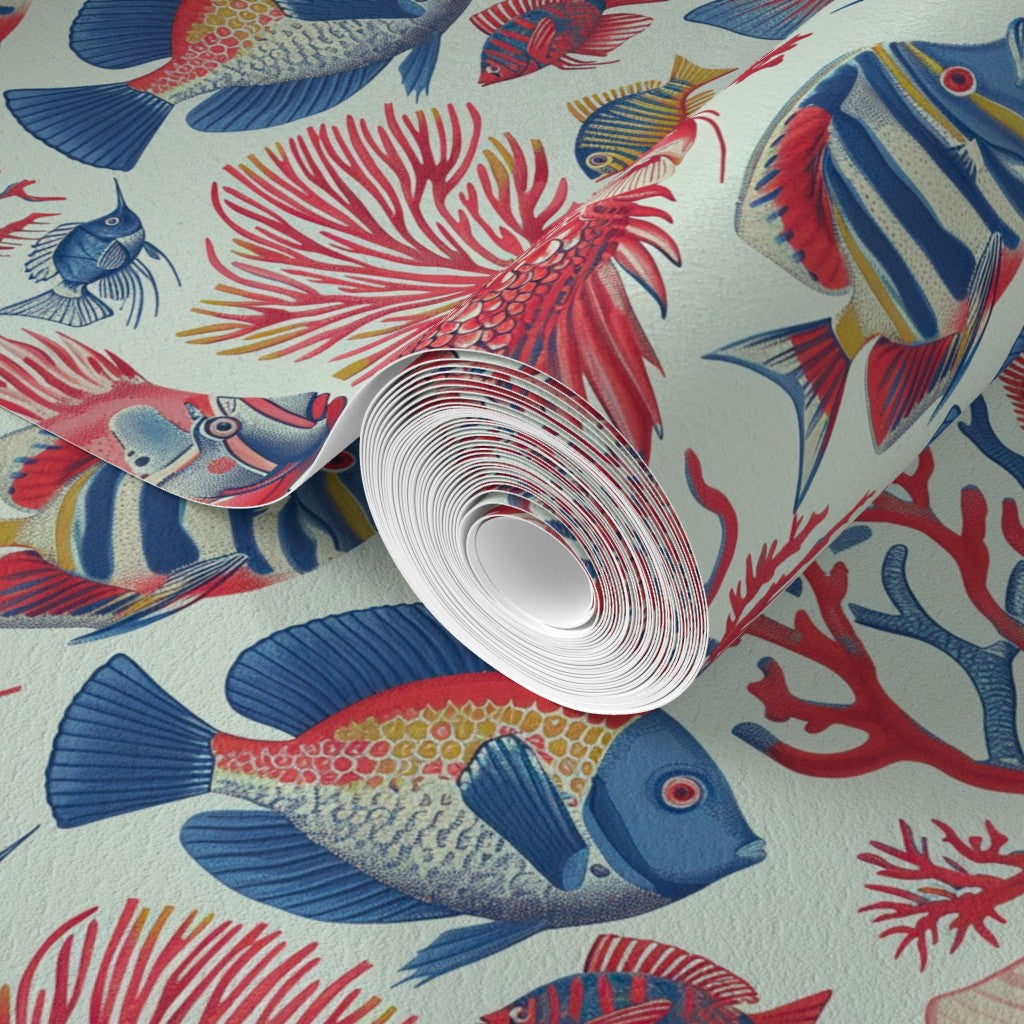 Detail view of Red Fish, Blue Fish wallpaper in Light Blue Ground, showing the matte paper texture.