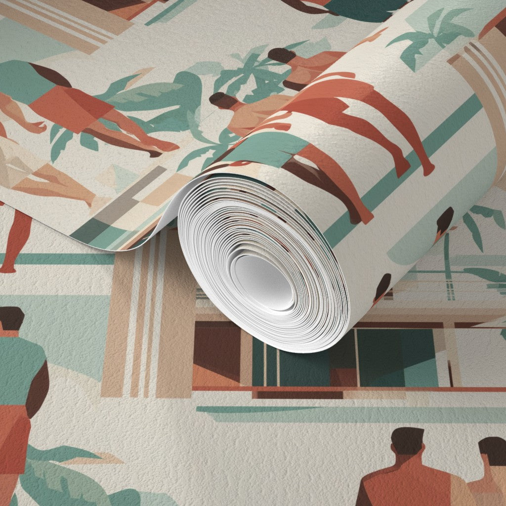 Full pattern repeat of the Riviera Modernist wallpaper showing midcentury homes.