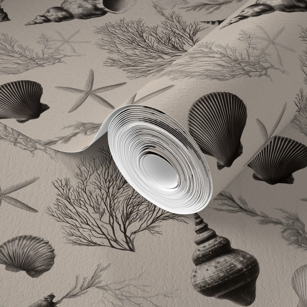 Detail of the vintage nautical elements on the non-pasted Sanibel wallpaper roll.