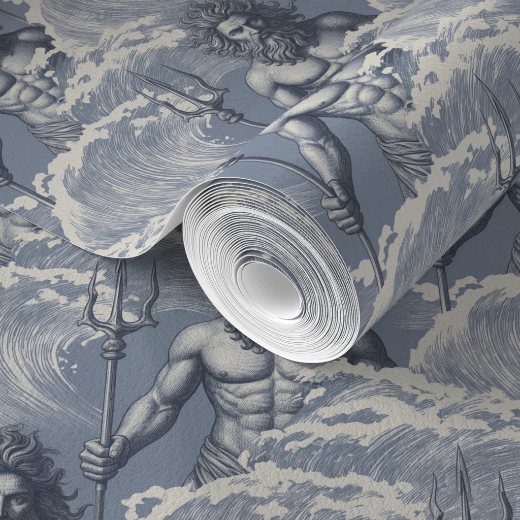 Close-up view of the classical mythological Neptune print in Mist colorway.