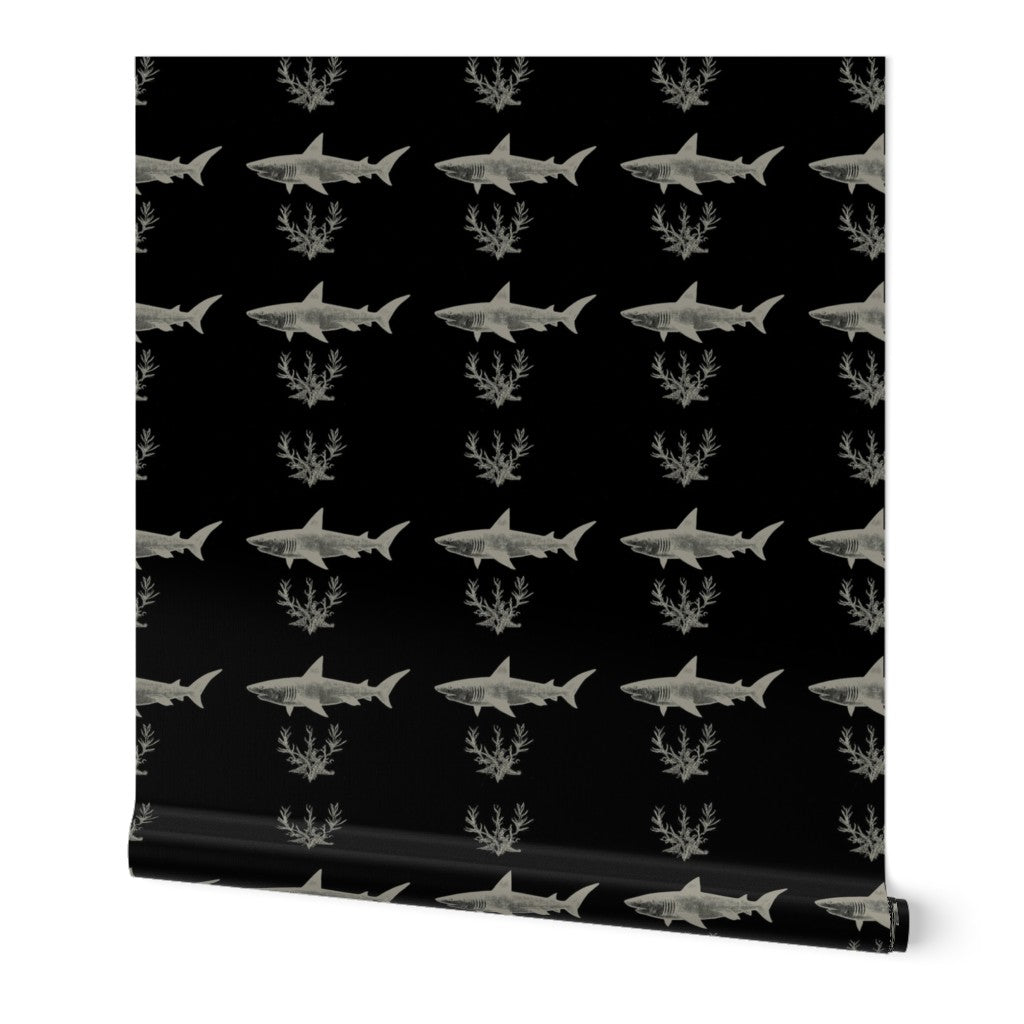 Minimalist shark print wallpaper in Great White and Black colorway on a premium non-pasted finish.