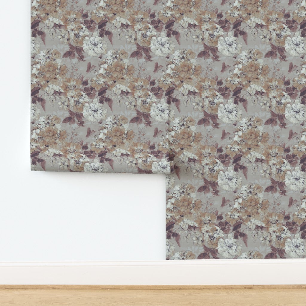 Swatch detail of non-pasted watercolor floral wallpaper showing rich matte blue tones.