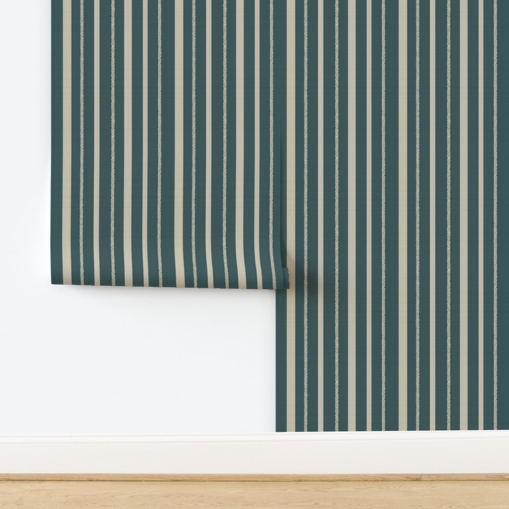 Close-up detail of the matte, non-pasted traditional paper version of the teal stripe wallpaper