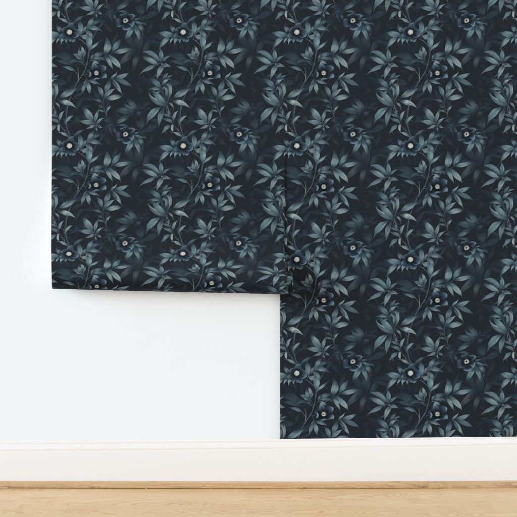 Close-up showing the premium matte finish of the non-pasted traditional Midnight Bloom Garden wallpaper.