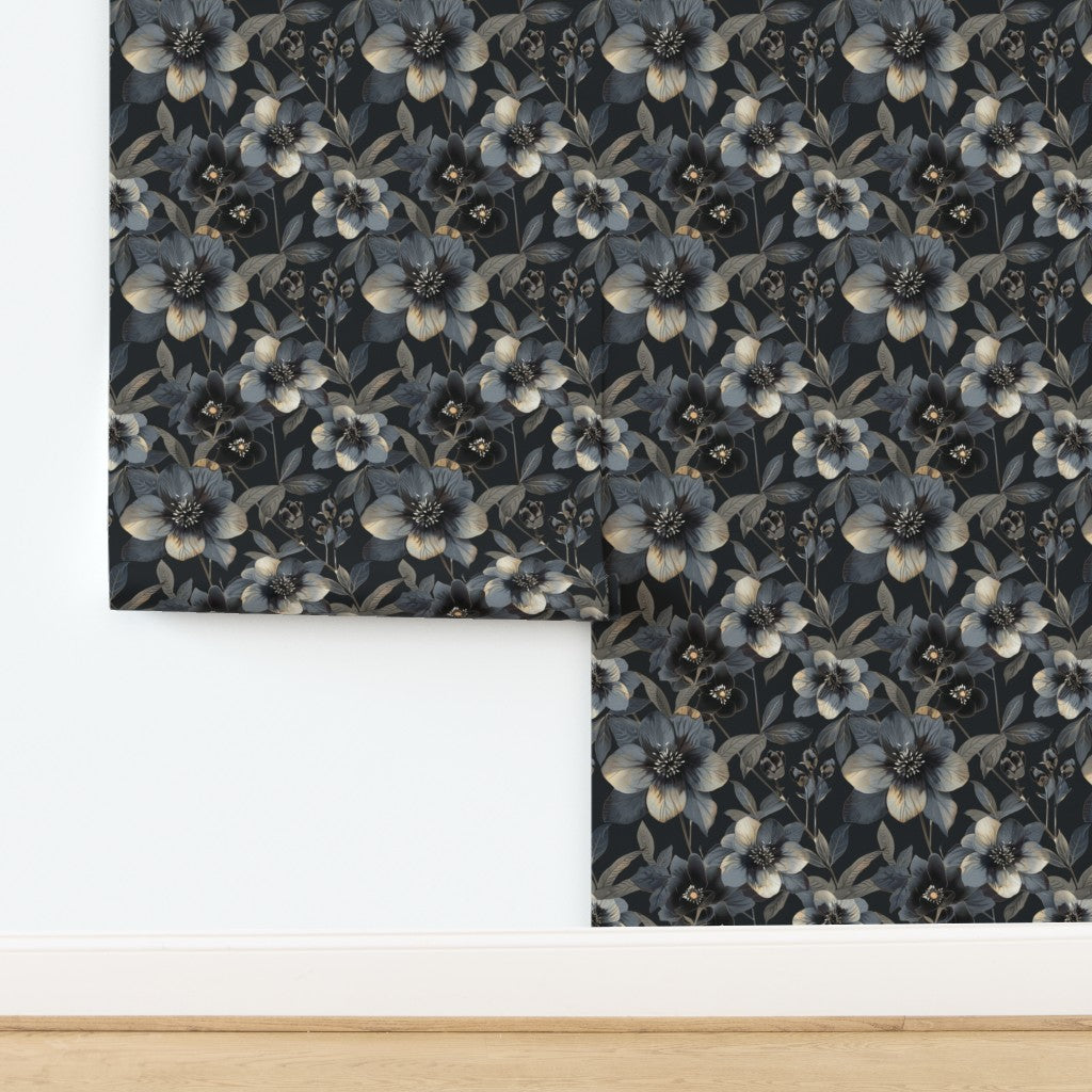 Close-up of the non-pasted traditional matte finish on the black and gold hellebore wallpaper.