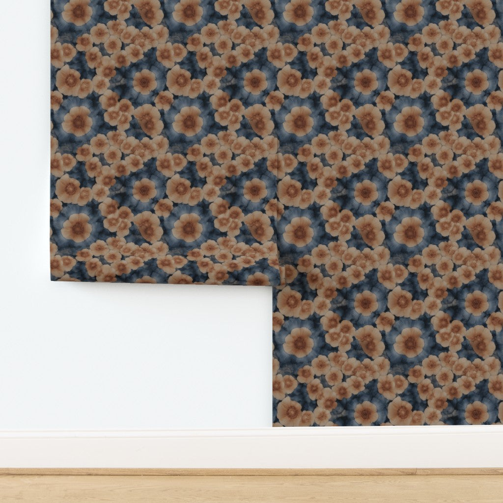 Sea Poppies non-pasted wallpaper showing the detailed botanical print and rich blue tones.