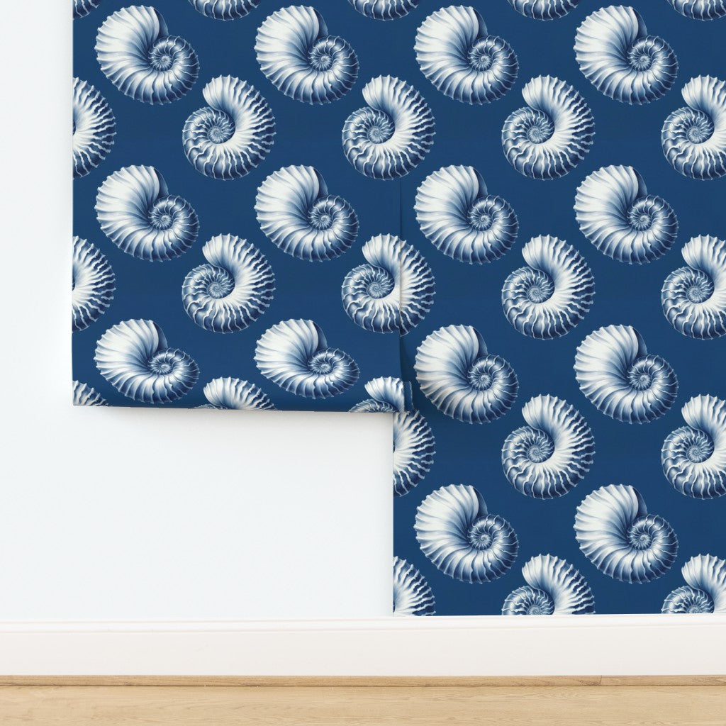 Close-up of the watercolor shell motifs on non-pasted wallpaper