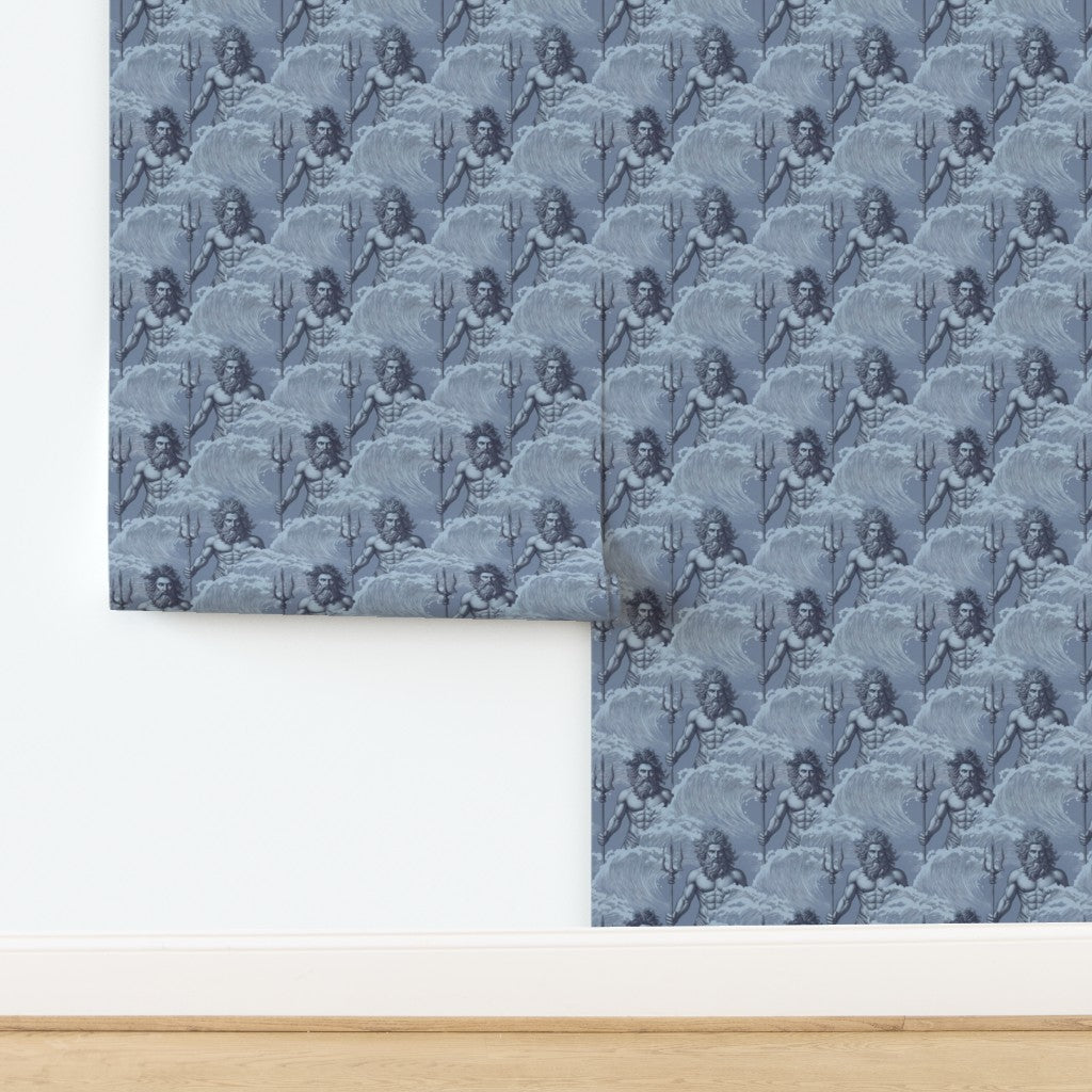 Full pattern repeat of Neptune wallpaper in Aegean blue, displaying classical sea gods and oceanic motifs.