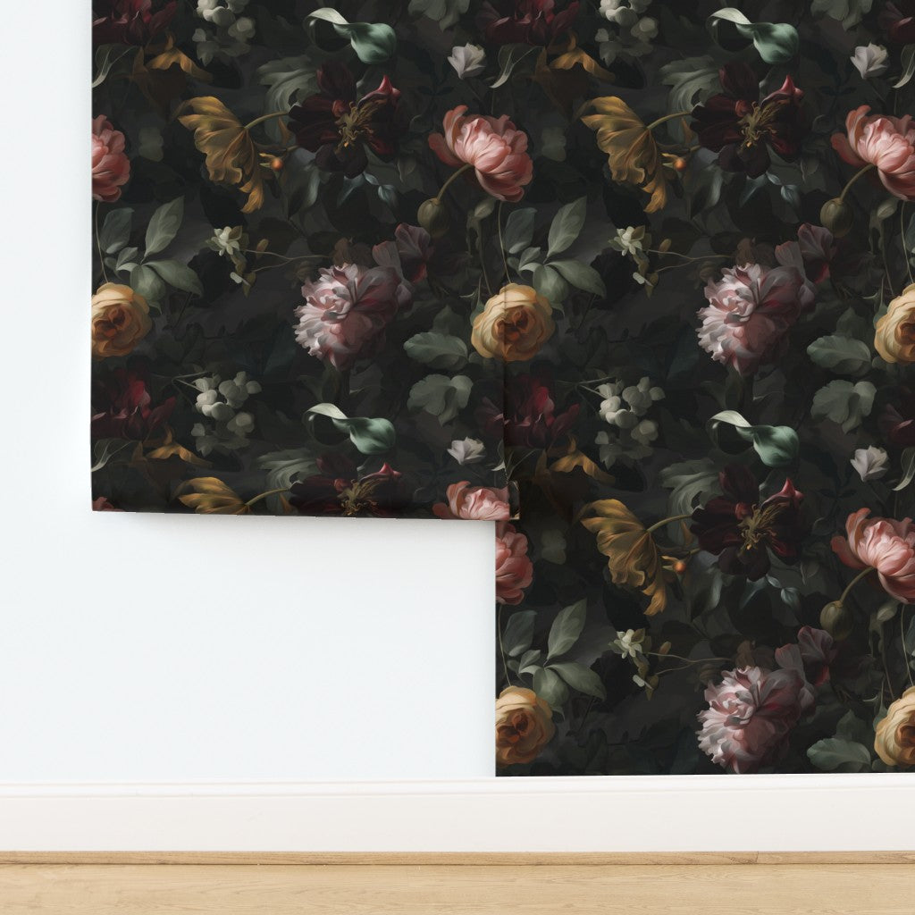 Detail of the non-pasted matte substrate for Nocturne Botanical Wallpaper, featuring dramatic dark floral artwork.