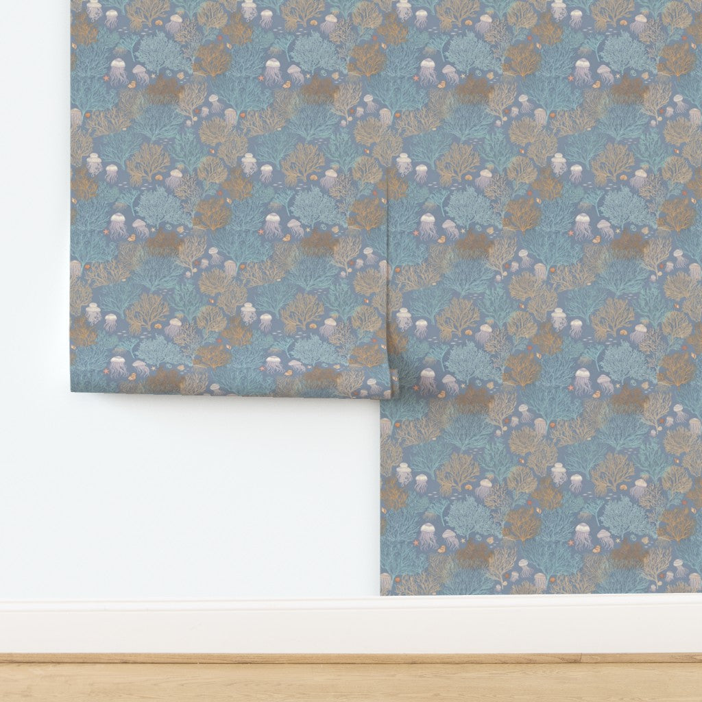 Non-pasted traditional paper swatch of Jelly Reef coastal wallpaper in Marina Blue.