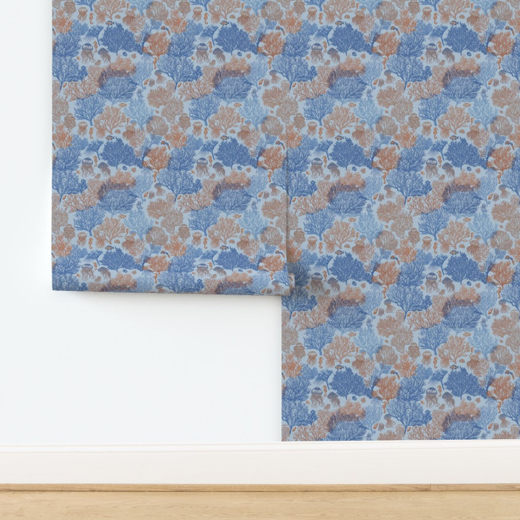 Non-pasted traditional paper swatch of Jelly Reef coastal wallpaper in Coastal Blue.