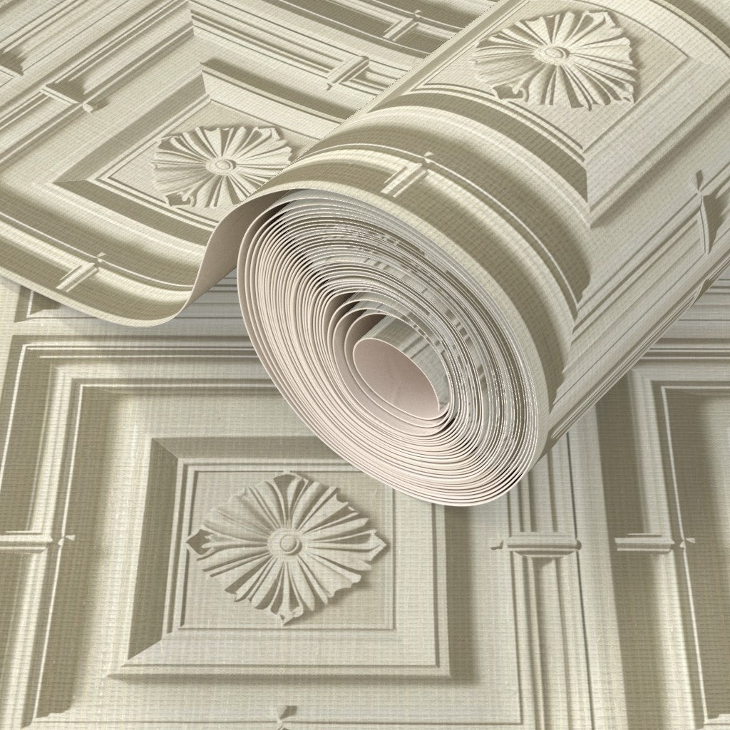 Natural grasscloth texture detail of the Neoclassical Medallions designer wallpaper.