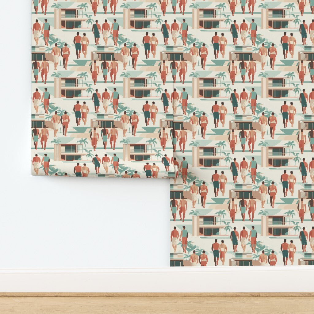 Close-up view of the minimalist figure and architectural details on matte wallpaper.