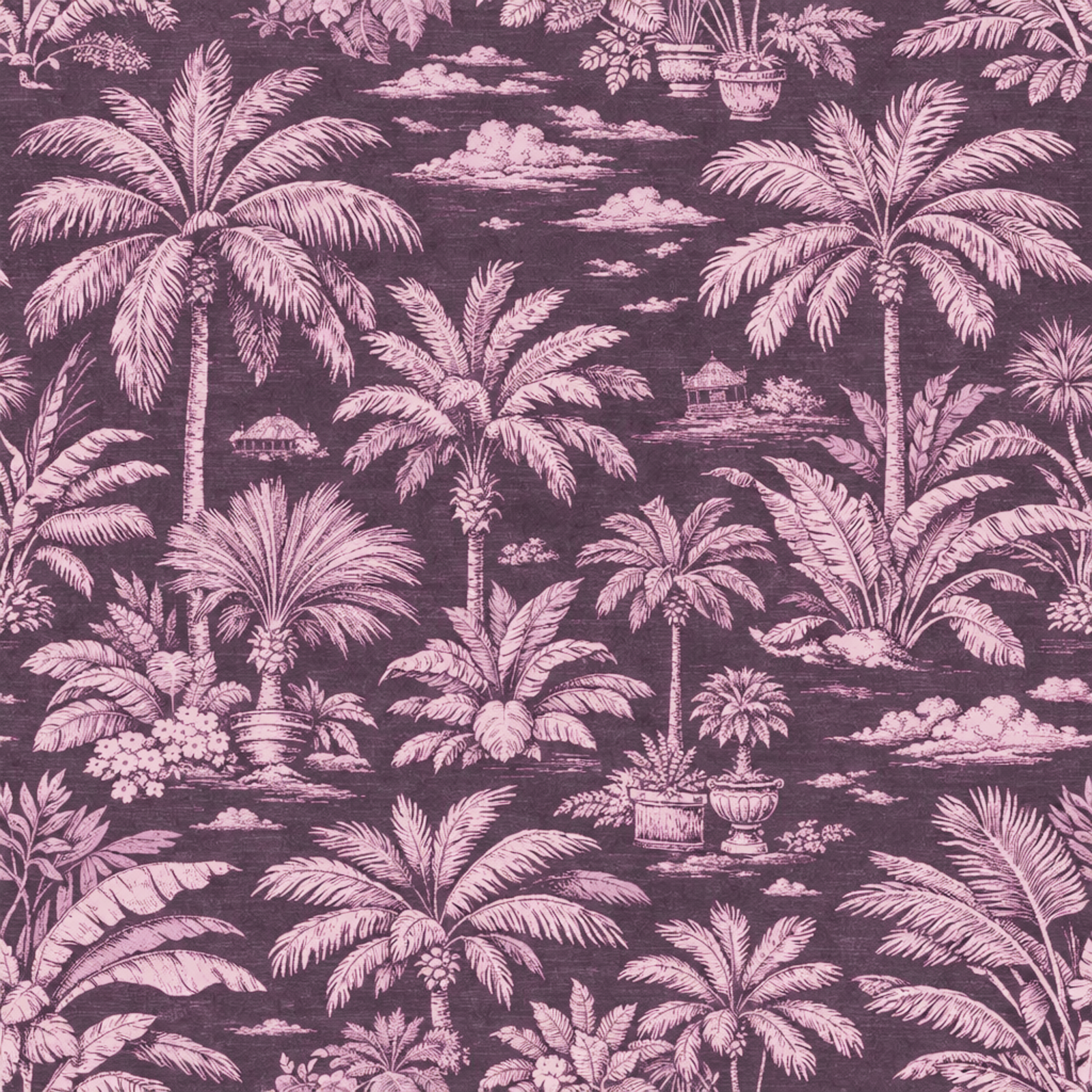 Seamless repeating design of Palmy Weather tropical toile pattern in Pink.
