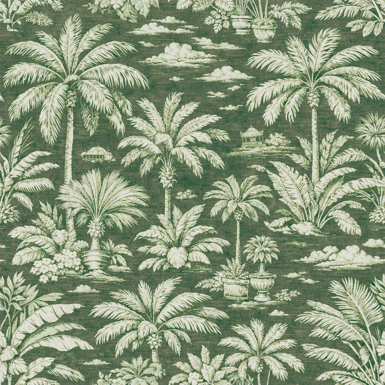 Seamless design repeat of Palmy Weather tropical toile pattern in Green.