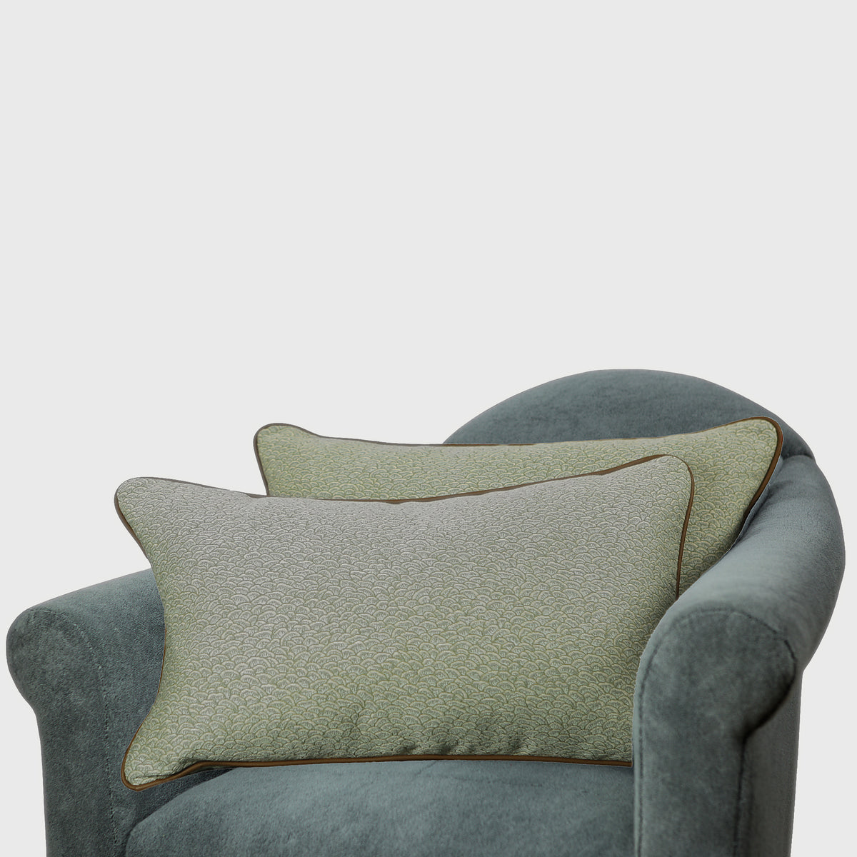 Close up detail of Pierre Frey "Cerilly" with Samuel & Sons Leather Welt Lumbar Pillows | Provenance & Patina