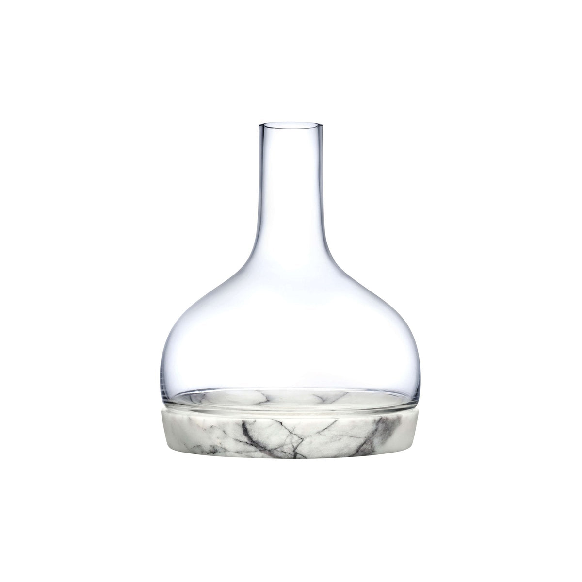 Modern lead-free crystal carafe resting inside a contoured solid marble chilling base.