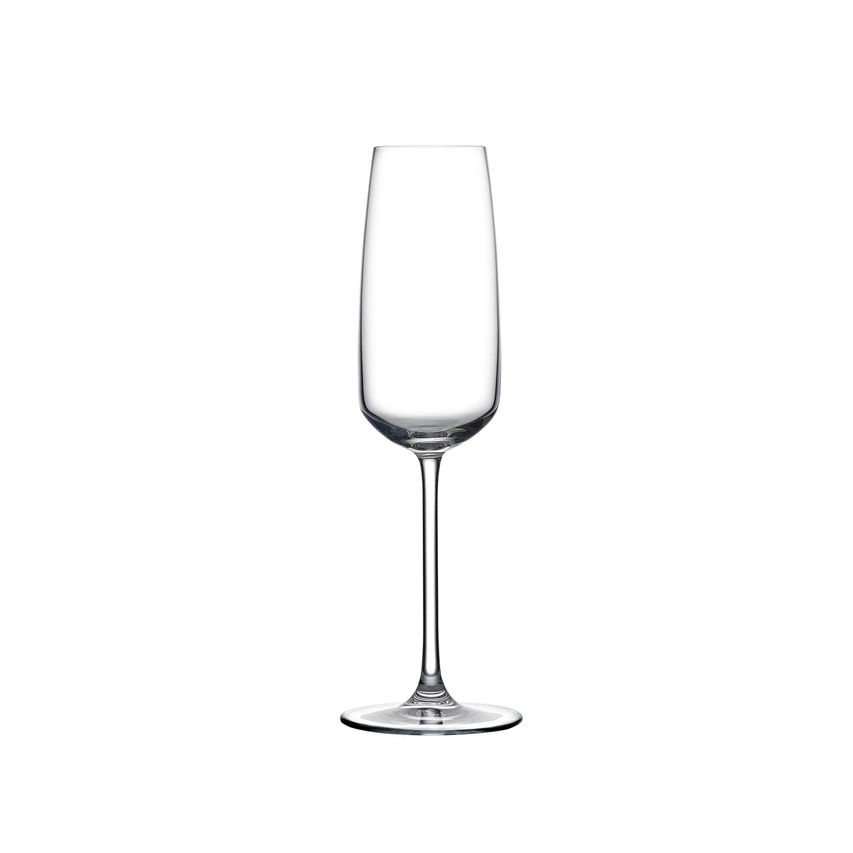 Side profile of the elegant NUDE Glass Mirage crystal champagne flute, highlighting its modern architectural silhouette.