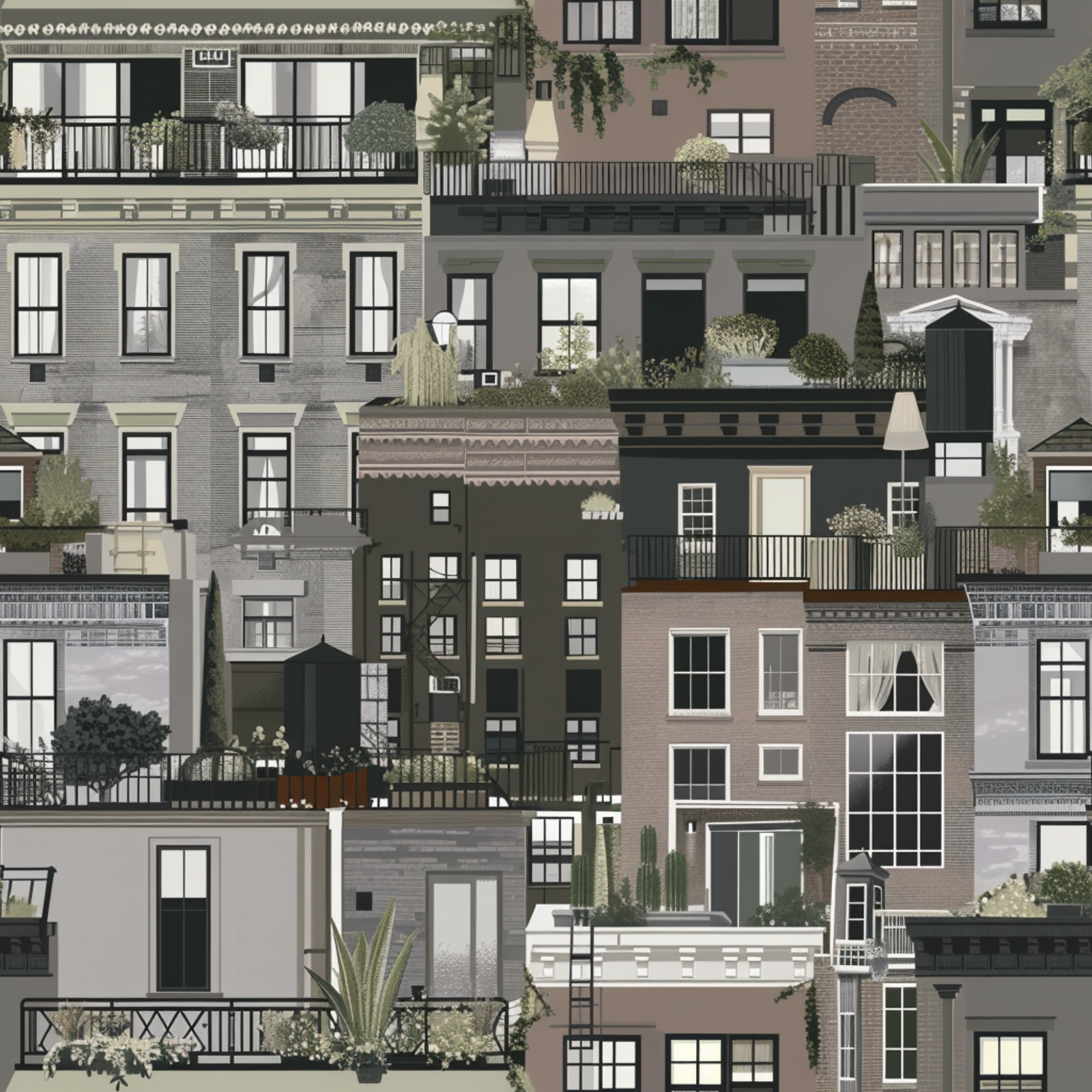 Full pattern repeat swatch of Planted Terraces wallpaper in the Grey colorway.