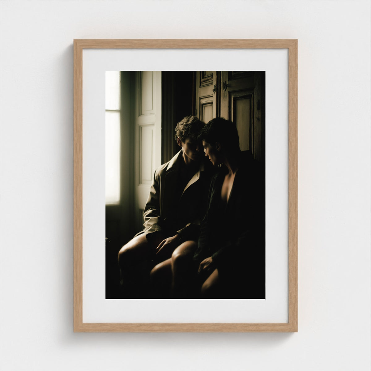 Private Time 18x24 portrait print in a natural oak frame on a modern gallery wall.