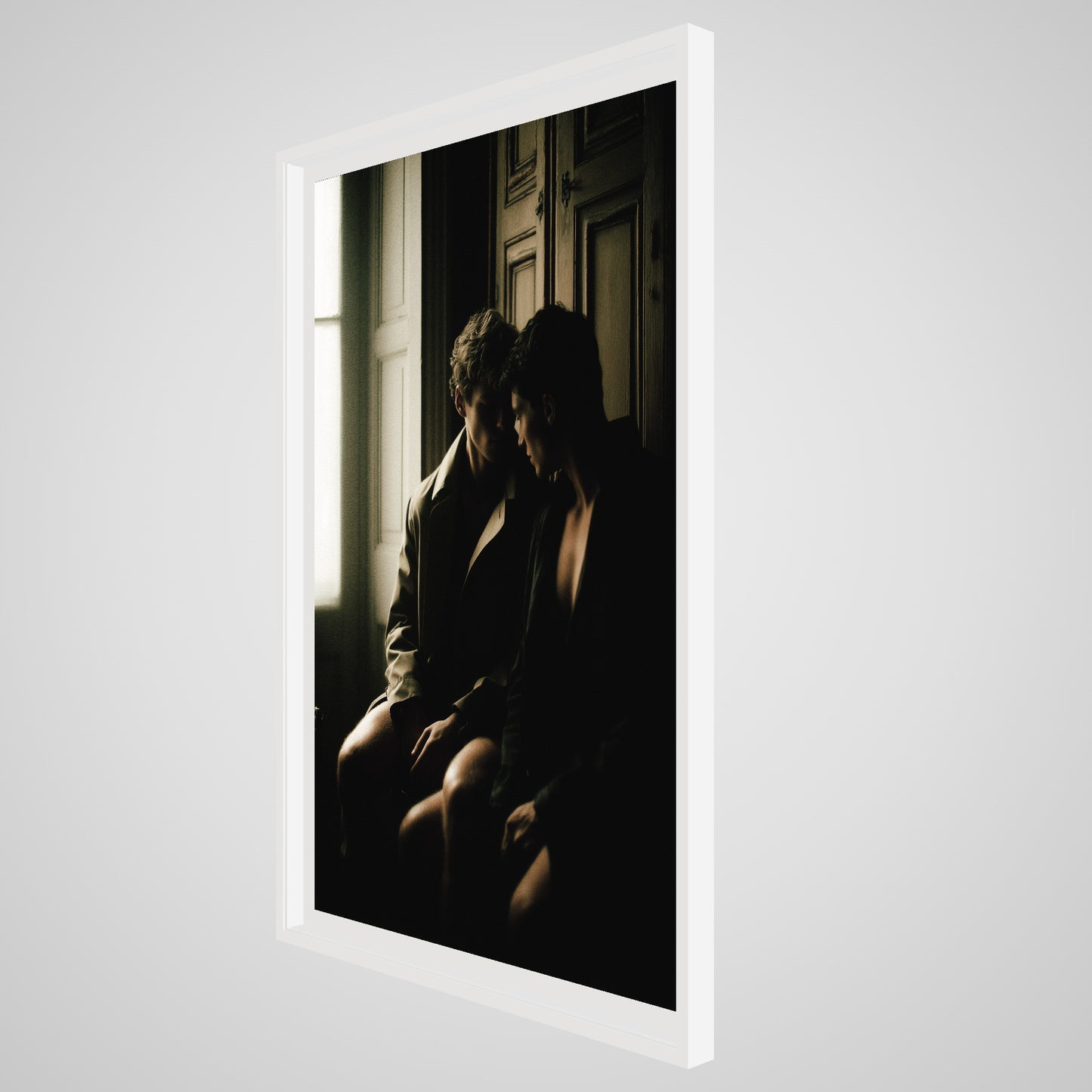 Angled details of large Private Time 40x60 portrait print in a deep white spacer frame.