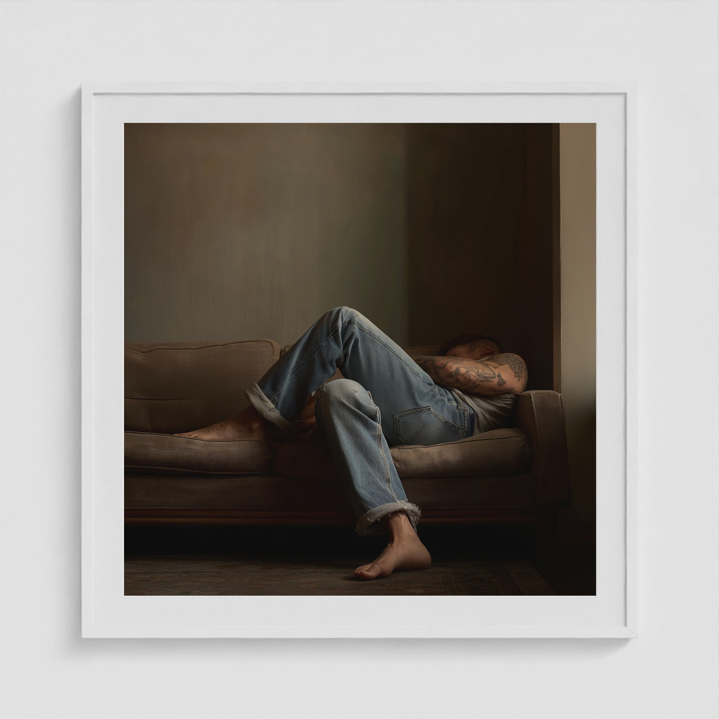 Reclining Denim Portrait 36x36 White Square Box Frame