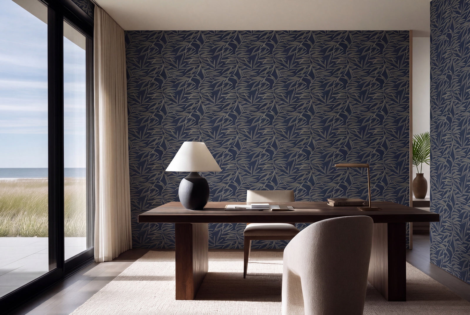 Sandstone colorway of the Botanical Bamboo wallpaper showing the warm neutral pattern.