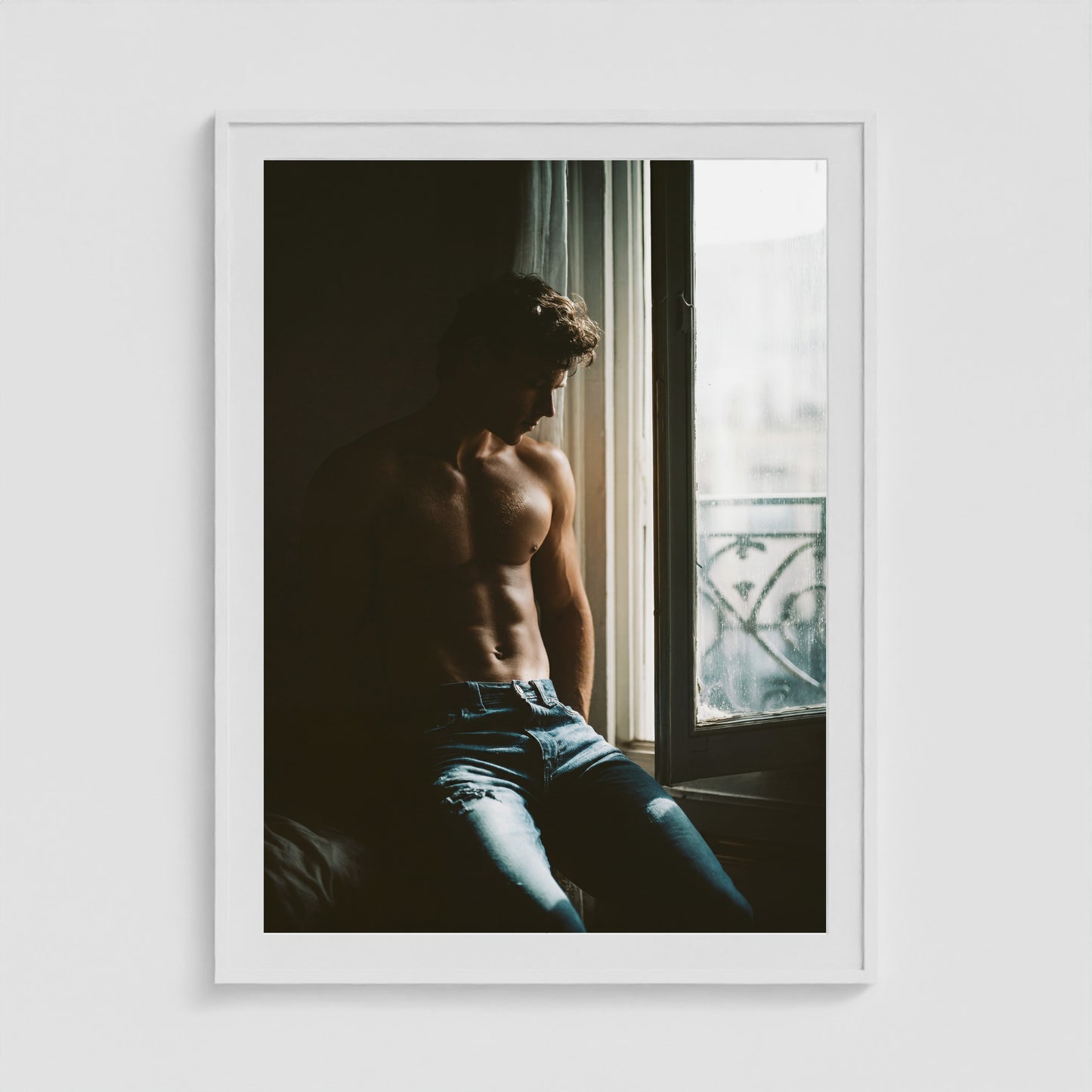 36x48 white box frame showcasing the contemplative window portrait art print.