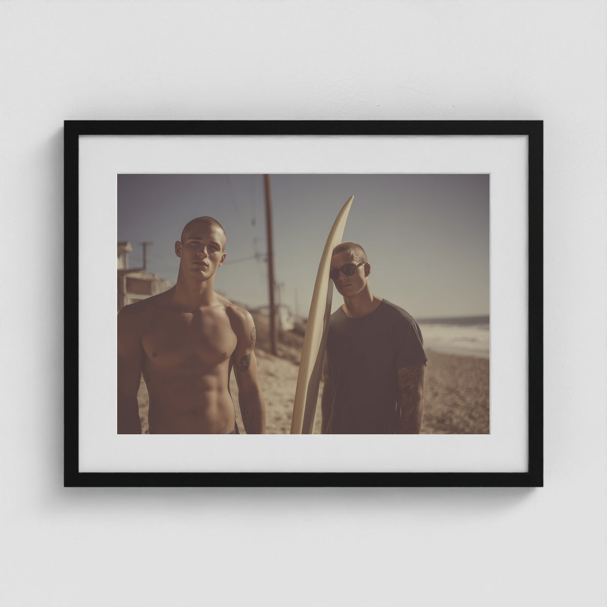 Surf Boys and Board 24x18 Black Landscape Box Frame