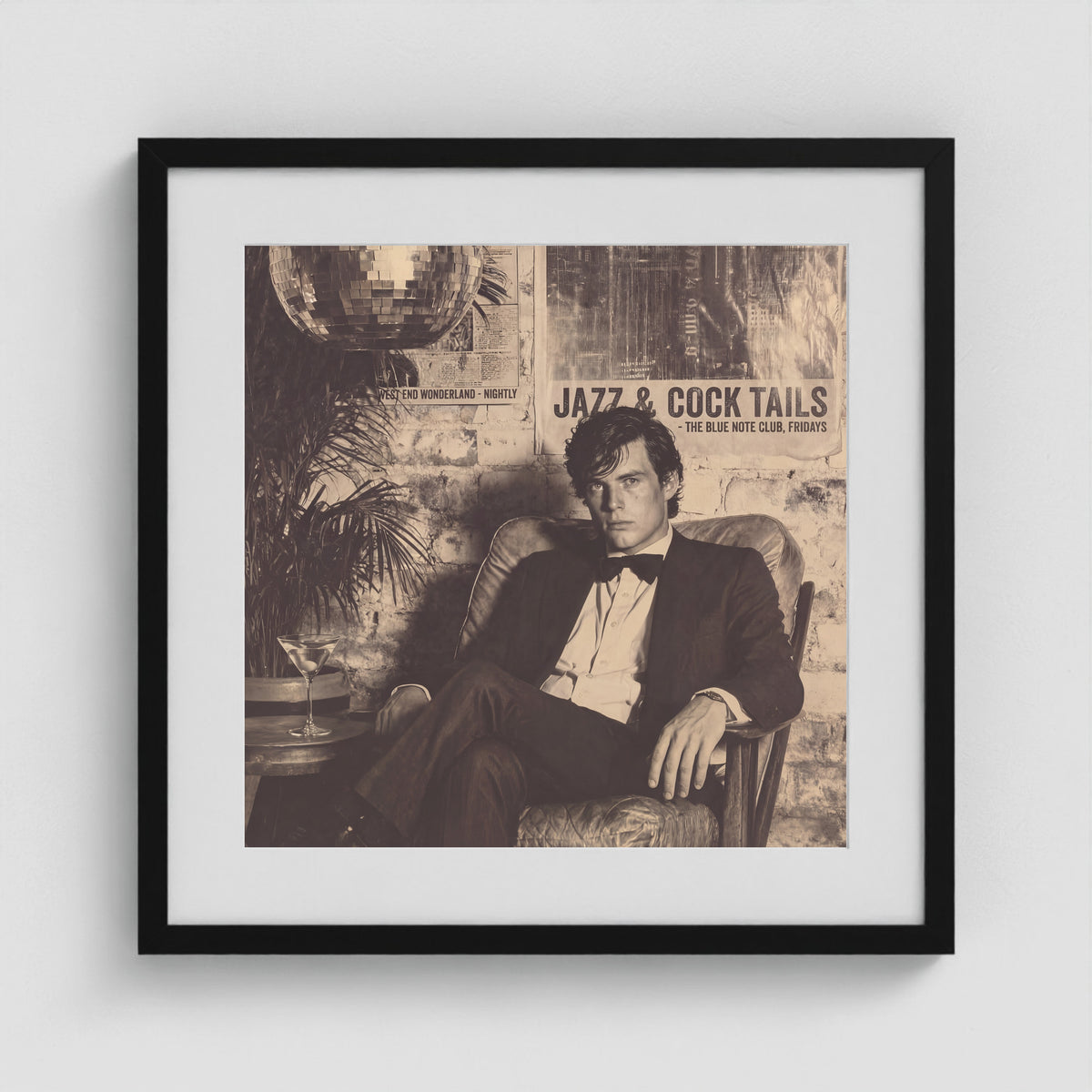 Tuxedo Portrait Under Disco Ball in Monochrome Tones 20x20 Black Square Box Frame