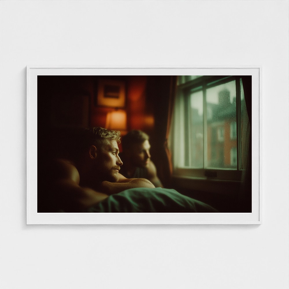 Contemplative Bedroom Portrait in Dark Red Tones