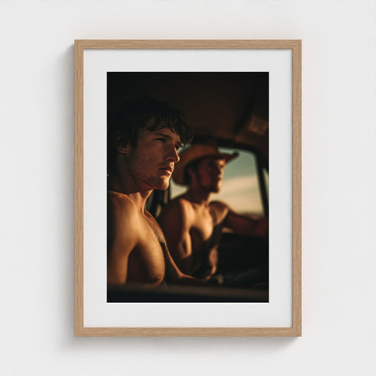 Contemplative Cowboy Portrait in Warm Vehicle Light